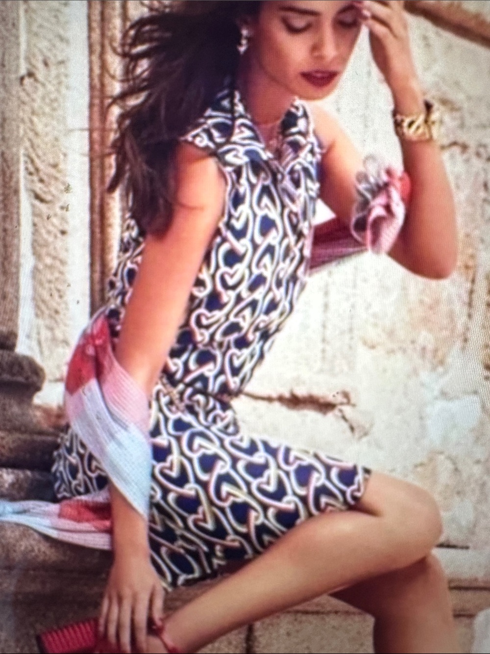 CAbi Amour Dress Navy Multicolor Sleeveless Button-Front Heart Pattern